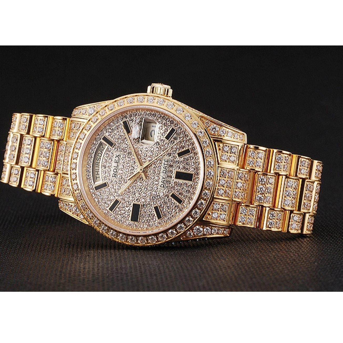 Aaa replica watch Full Day Rolex Date Gold Pave Swiss Yellow Diamond 0816